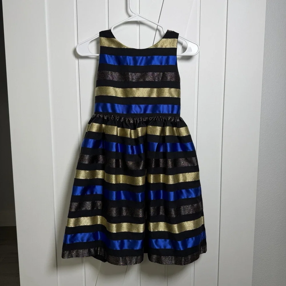 Gymboree Girls holiday party dress Size 10 Striped Blue Gold Black Preppy